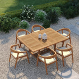 Teak Square to Rectangle 120–170cm Extending Table 4cm Top with 6 Sydney Chairs – Teak Garden Dining Set, Free Cushions