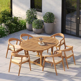 Teak Round to Oval 120cm-170cm Extending Table 4cm Top with 6 Sydney Chairs – Teak Garden Dining Set, Free Cushions