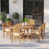 Teak Round-to-Oval 120–170cm Extending Table 4cm Top with 6 Marlow Stacking Chairs – Teak Garden Dining Set, Free Cushions