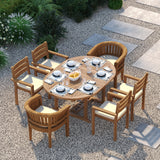 Teak Round to Oval 120cm-170cm Extending Table 4cm Top with 4 Marlow Stacking Chairs & 2 San Francisco Chairs – Teak Garden Dining Set, Free Cushions