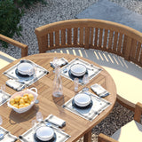 Teak Round to Oval 120–170cm Extending Table With 4 Oxford Stacking Chairs & 2 San Francisco Benches – Teak Garden Dining Set