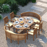 Teak Round to Oval 120–170cm Extending Table With 4 Oxford Stacking Chairs & 2 San Francisco Benches – Teak Garden Dining Set