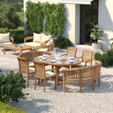 Teak Round to Oval 120–170cm Extending Table With 4 Oxford Stacking Chairs & 2 San Francisco Benches – Teak Garden Dining Set