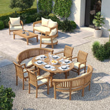 Teak Round to Oval 120–170cm Extending Table With 4 Oxford Stacking Chairs & 2 San Francisco Benches – Teak Garden Dining Set