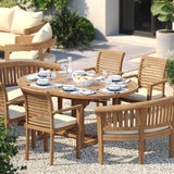 Teak Round to Oval 120–170cm Extending Table With 4 Oxford Stacking Chairs & 2 San Francisco Benches – Teak Garden Dining Set