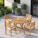 Teak Set 120cm Spiral Folding Table 4cm Top with 4 Marlow Stacking Chairs – Teak Garden Dining Set, Free Cushions