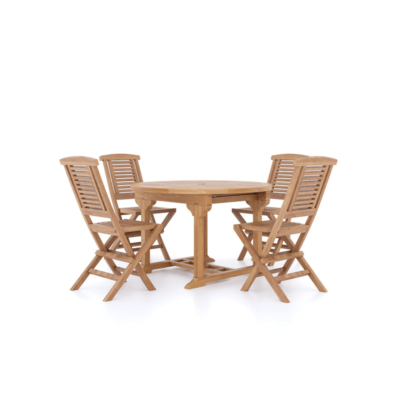 Teak Round To Oval 120-170cm Extending Table 4cm Top (4 folding Hampton Chairs) cushions included.