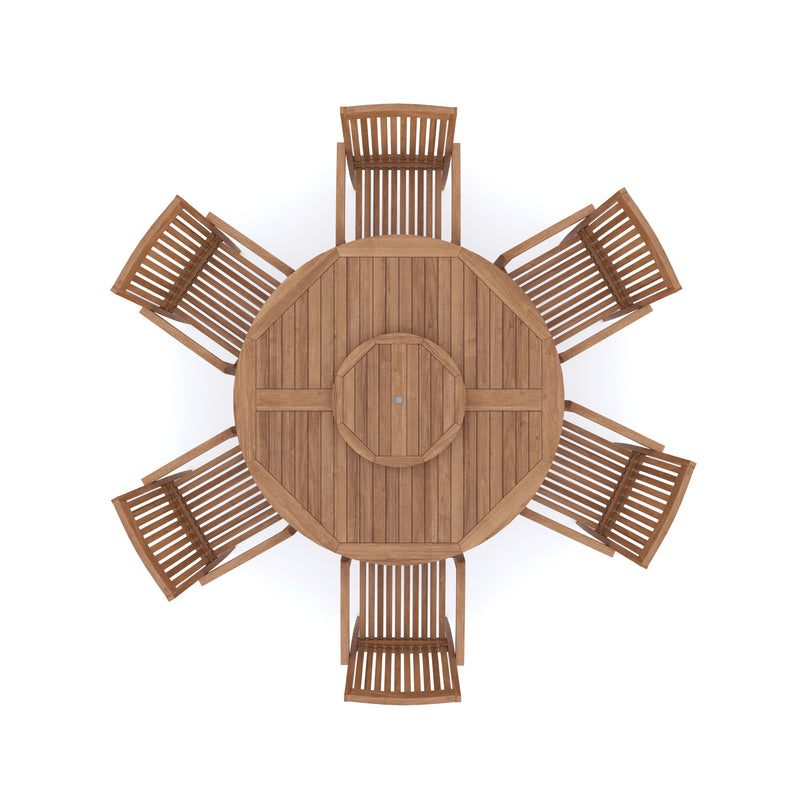 Teak Garden Furniture Set 150cm Maximus Round Table 4cm Top (6 Henley Stacking Chairs) Cushions included.