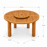 6 Seater Teak Garden Dining Set - 150cm Maximus Round Table, 4cm Top with 2 San Francisco Benches & 2 San Francisco Chairs