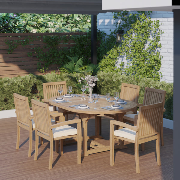 Teak 4cm Top Round To Oval 120-170cm Extending Table (6 Henley Stacking Chairs) cushions included.