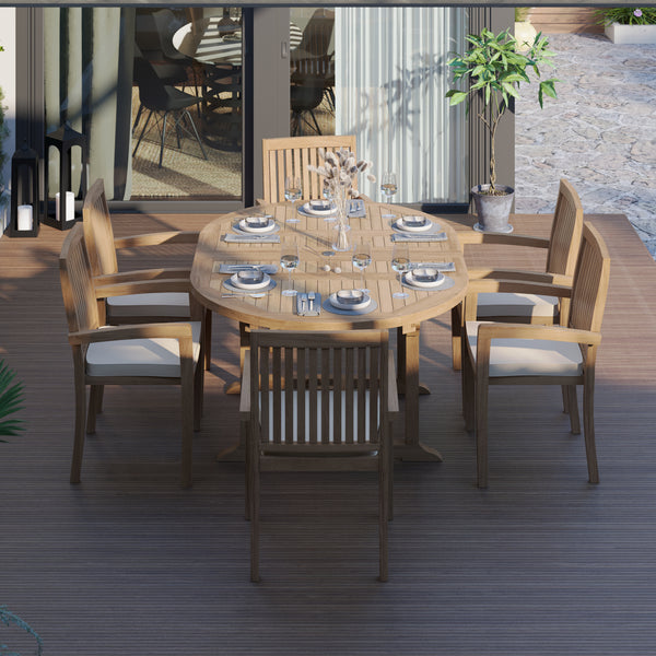 Teak Garden Furniture 4cm Top Round To Oval 120-170cm Extending Table (6 Henley Stacking Chairs) cushions included.