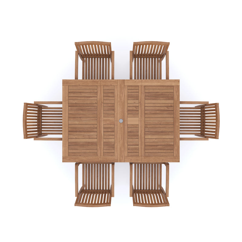 Teak Garden Furniture Square To Rectangle 120-170cm Extending Table 4cm Top (6 Henley Stacking Chairs) Cushions included.