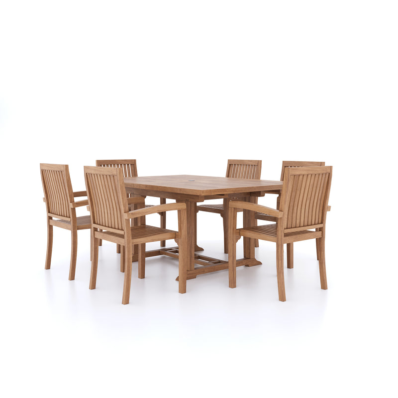 Teak Garden Furniture Square To Rectangle 120-170cm Extending Table 4cm Top (6 Henley Stacking Chairs) Cushions included.