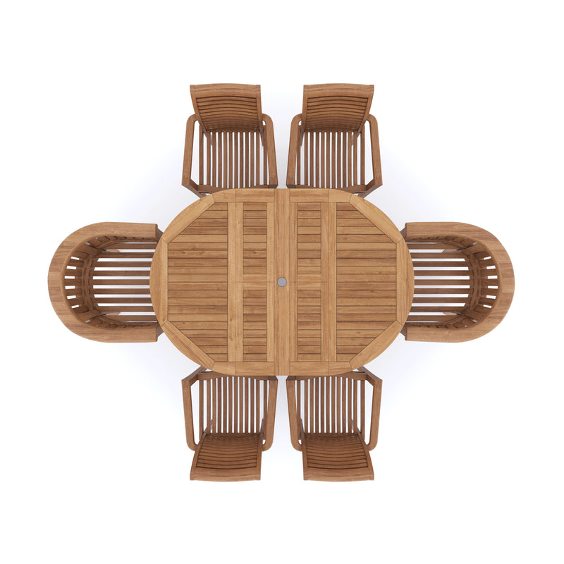 Teak Garden Furniture Round To Oval 120-170cm Extending Table 4cm Top (4 Stacking Chairs 2 San Francisco Chairs) Cushions included.