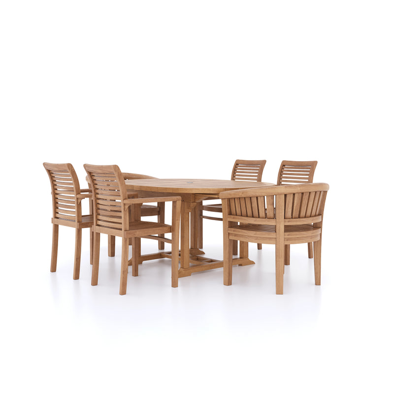 Teak Garden Furniture Round To Oval 120-170cm Extending Table 4cm Top (4 Stacking Chairs 2 San Francisco Chairs) Cushions included.