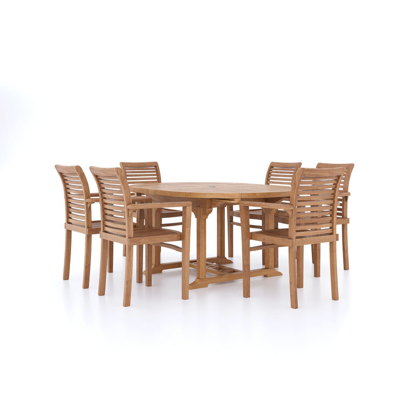 Teak Garden Furniture Round To Oval 120-170cm Extending Table, 4cm Top (6 Stacking Chairs) cushions included.