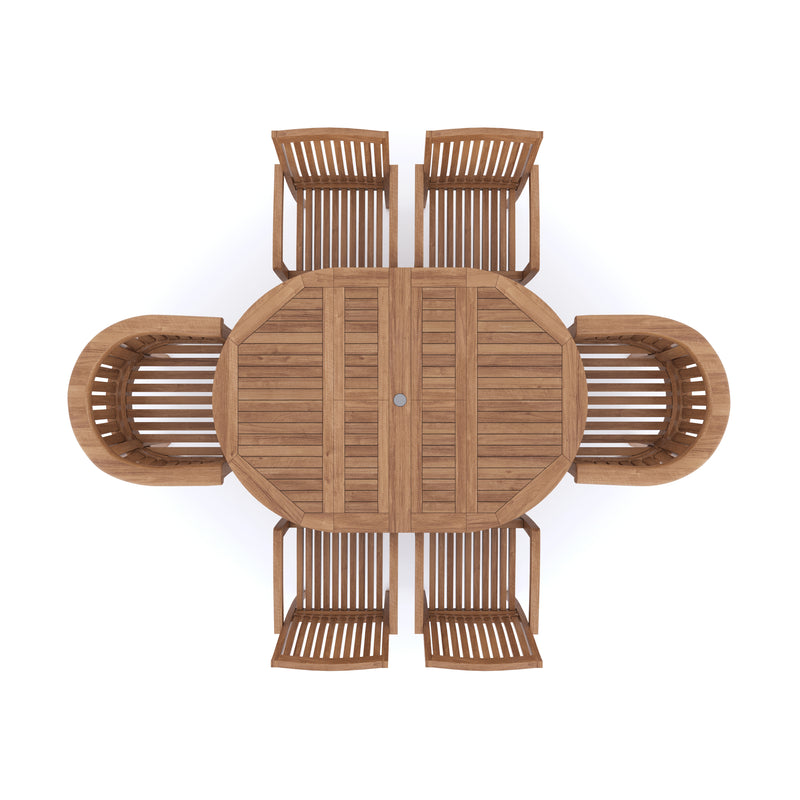 Teak 4cm Top Round To Oval 120-170cm Extending Table (4 Henley Stacking Chairs 2 San Francisco Chairs) Cushions included.