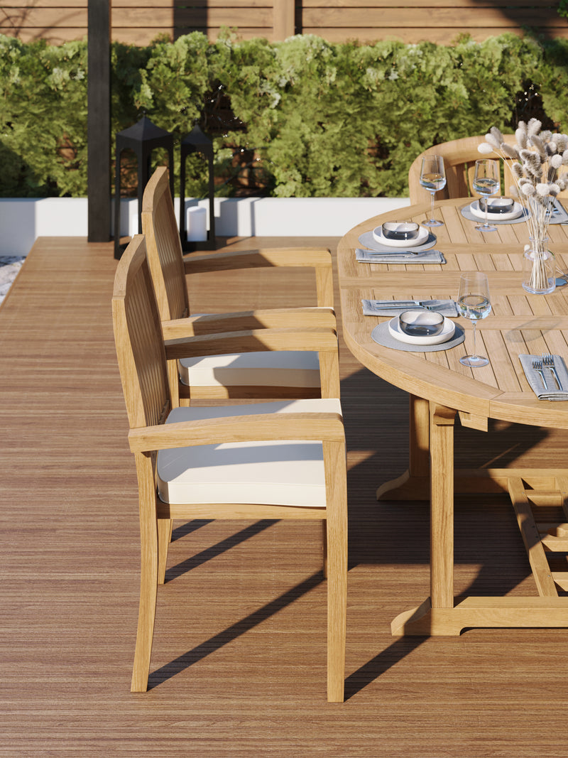 Teak Garden Furniture 4cm Top Round To Oval 120-170cm Extending Table (4 Henley Stacking Chairs 2 San Francisco Chairs) Cushions included.