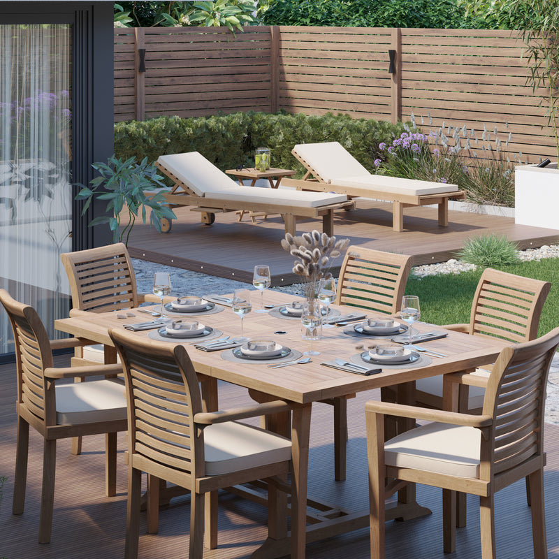 Teak Garden Furniture Square To Rectangle 120-170cm Extending Table 4cm Top (6 Stacking Chairs) Cushions included.