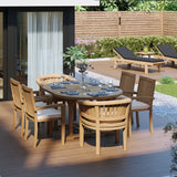 Teak 4cm Top Round To Oval 120-170cm Extending Table (4 Henley Stacking Chairs 2 San Francisco Chairs) Cushions included.