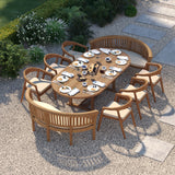 Teak 180–240cm Oval Extending Table 4cm Top and 120cm Wide with 6 Sydney Chairs & 2 San Francisco Benches – Teak Garden Dining Set, Free Cushions
