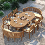 Teak 180–240cm Oval Extending Table with 6 Marlow Stacking Chairs & 2 San Francisco Benches – Teak Garden Dining Set