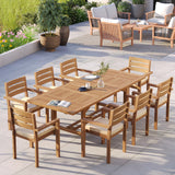 Teak Rectangle 180-240cm Extending Table 4cm Top with 8 Marlow Stacking Chairs, Free Cushions