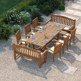 10 Seater Teak Garden Dining Set – 180–240cm Rectangular Extending Table, 4cm Top with 6 Henley Stacking Chairs & 2 Harmony Benches