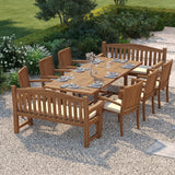 10 Seater Teak Garden Dining Set – 180–240cm Rectangular Extending Table, 4cm Top with 6 Henley Stacking Chairs & 2 Harmony Benches