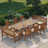 10 Seater Teak Garden Dining Set – 180–240cm Rectangular Extending Table, 4cm Top with 6 Henley Stacking Chairs & 2 Harmony Benches