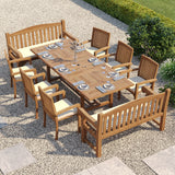 10 Seater Teak Garden Dining Set – 180–240cm Rectangular Extending Table, 4cm Top with 6 Henley Stacking Chairs & 2 Harmony Benches