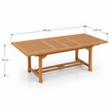 10 Seater Teak Garden Dining Set - 180-240cm Rectangular Extending Table, 4cm Top with 6 Oxford Stacking Chairs & 2 Harmony Benches