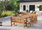 10 Seater Teak Garden Dining Set – 180–240cm Rectangular Extending Table, 4cm Top with 6 Oxford Stacking Chairs & 2 Harmony Benches