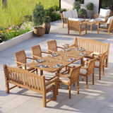 10 Seater Teak Garden Dining Set – 180–240cm Rectangular Extending Table, 4cm Top with 6 Oxford Stacking Chairs & 2 Harmony Benches