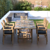 Teak Rectangle 180-240cm Extending Table 4cm Top with 8 Oxford Stacking Chairs, Free Cushions