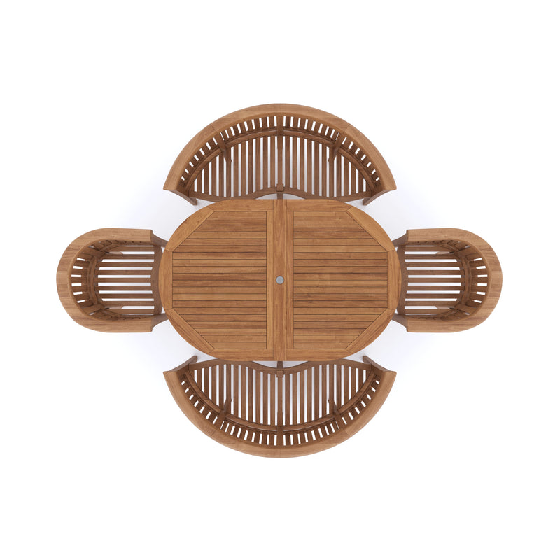 Teak Garden Furniture Set Oval 2-3mm Extending Table 4cm Top (2 San Francisco Chairs 2 Benches) Cushions included.