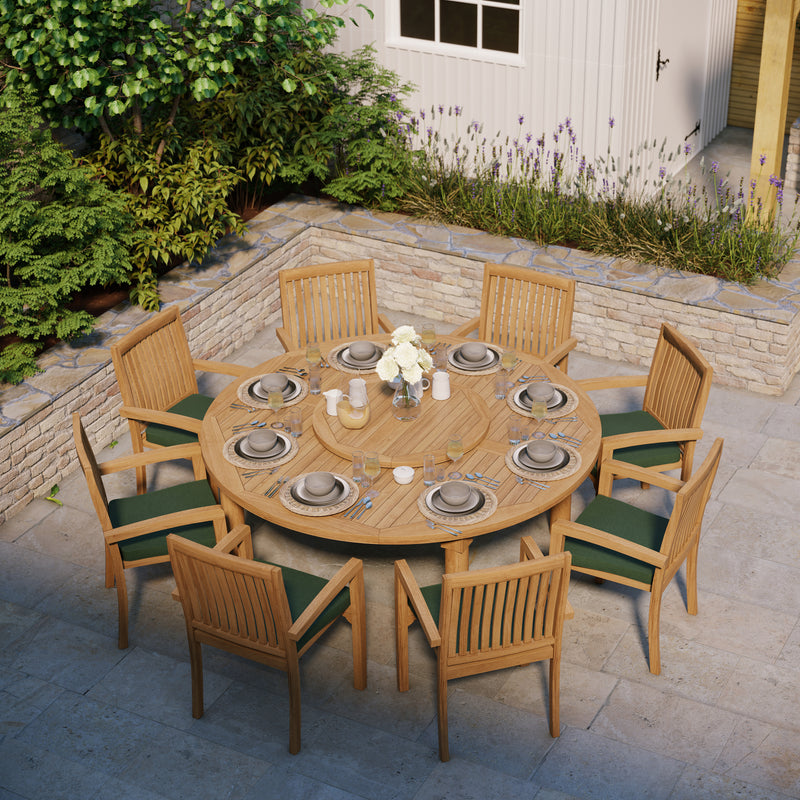 Teak Set 180cm Maximus Round Table 4cm Top (8 Henley Stacking Chairs) Cushions included.