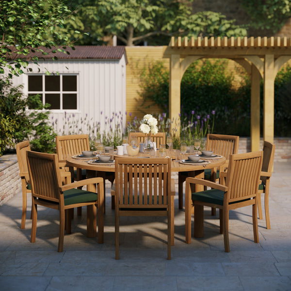 Teak Set 180cm Maximus Round Table with 8 Henley Stacking Chairs