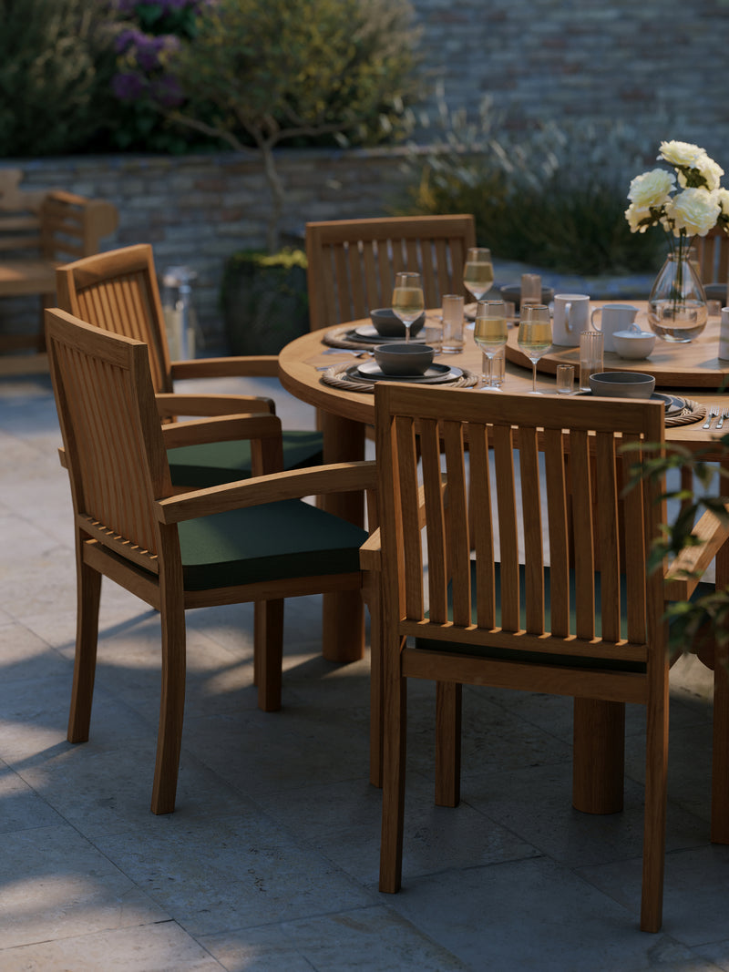 Teak Set 180cm Maximus Round Table 4cm Top (8 Henley Stacking Chairs) Cushions included.