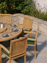 Teak Garden Furniture Set 180cm Maximus Round Table 4cm Top (8 Henley Stacking Chairs) Cushions included.