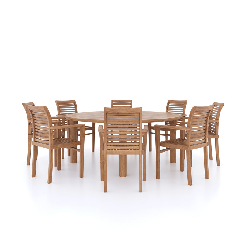 Teak Set 180cm Maximus Round Table 4cm Top (8 Oxford Stacking Chairs) Cushions included.
