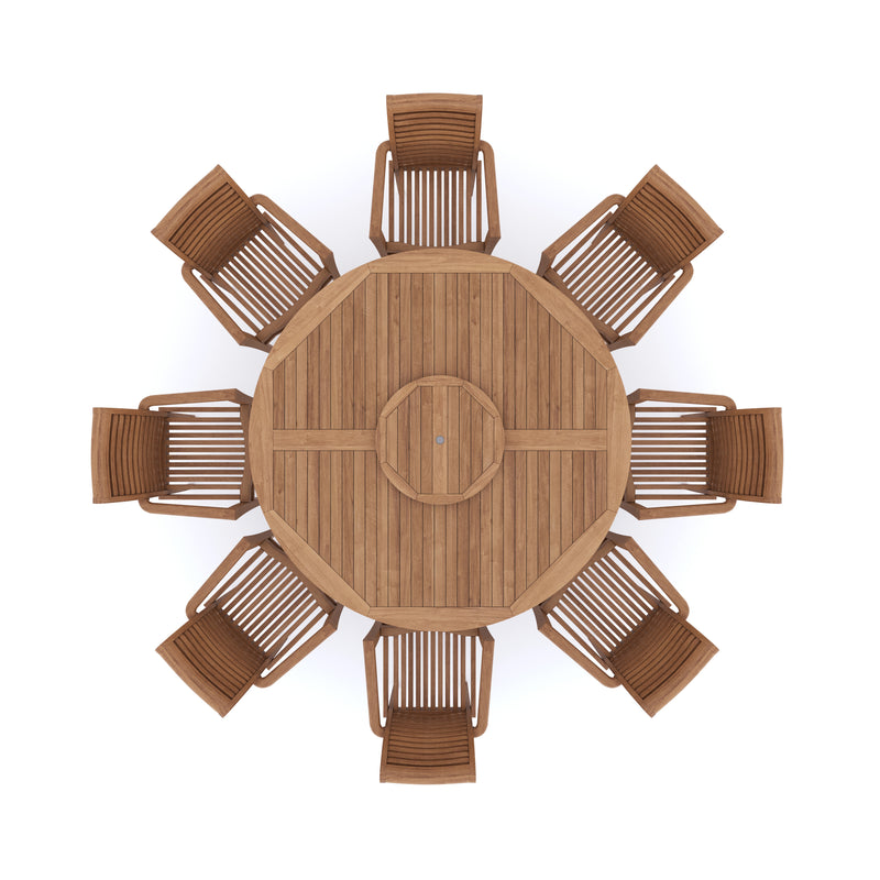 Teak Set 180cm Maximus Round Table 4cm Top (8 Oxford Stacking Chairs) Cushions included.