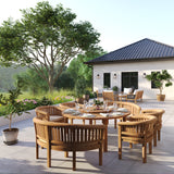 Teak Set 180cm Maximus Round Table 4cm Top With 4 San Francisco Chairs & 2 San Francisco Benches – Teak Garden Dining Set, Free Cushions