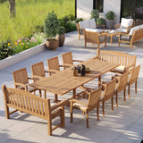 12 Seater Teak Garden Dining Set – 200–300cm Rectangular Extending Table, 4cm Top with 8 Henley Stacking Chairs & 2 Harmony Benches