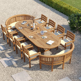 Teak Oval 2m to 3m Extending Table with 8 Marlow Stacking Chairs & 2 San Francisco Benches – Teak Garden Furniture Set