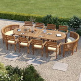 Teak Oval 2m to 3m Extending Table with 8 Marlow Stacking Chairs & 2 San Francisco Benches – Teak Garden Furniture Set