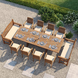 Teak Set 200-300cm Rectangle Extending Table 4cm Top with 8 Oxford Stacking Chairs & 2 Harmony Benches – Teak Garden Dining Set