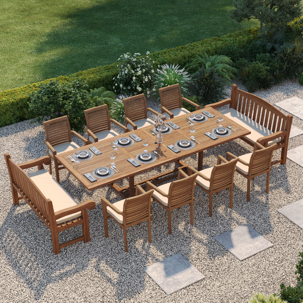 Teak Set 200-300cm Rectangle Extending Table 4cm Top with 8 Oxford Sta
