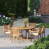 Teak 4cm Top Round To Oval 120-170cm Extending Table with 6 Henley Stacking Chairs, Free Cushions