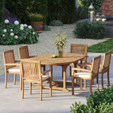 Teak 4cm Top Round To Oval 120-170cm Extending Table with 6 Henley Stacking Chairs, Free Cushions